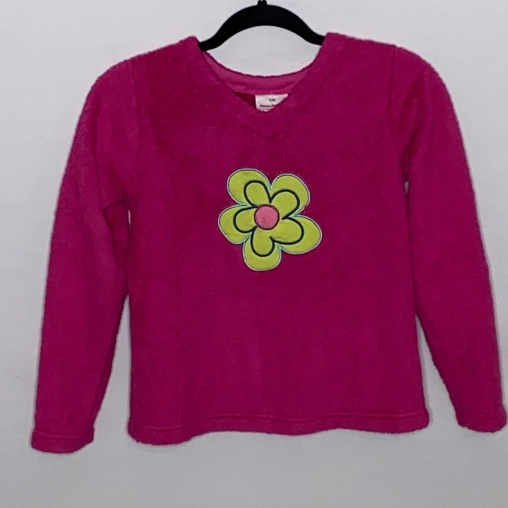 Hanna Andersson Pink Fleece Long Sleeve V Neck Floral Applique Top - Size 10